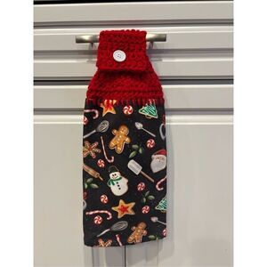Crochet Top Kitchen Towel-Black Towel (Xmas stuff)